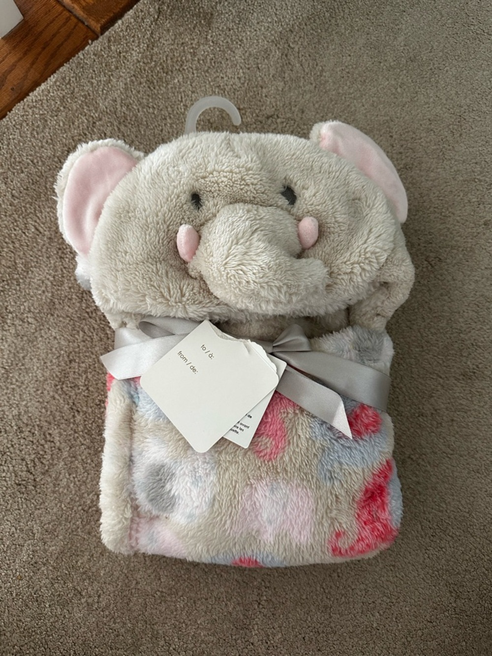 NWT Plush Elephant Hooded Baby Blanket - Pink & Gray
